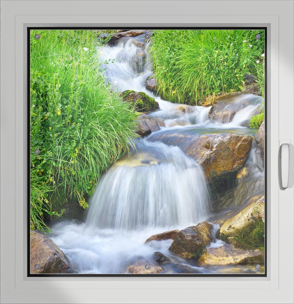 Wallario Lichtschutzbild, Dekorativer Sichtschutz Sonnenschutz 96 x 100 cm mit Motiv: Kleiner Bach über Steine - Verdunklung ohne Bohren