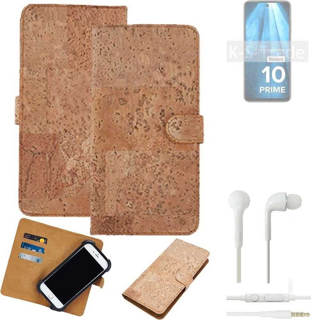 K-S-Trade Hülle kompatibel mit Xiaomi Redmi 10 Prime 2022 + in ear Kopfhörer Kork Handyhülle Cover Schutzhülle TPU Case Bumper in Hellbraun, (1x)