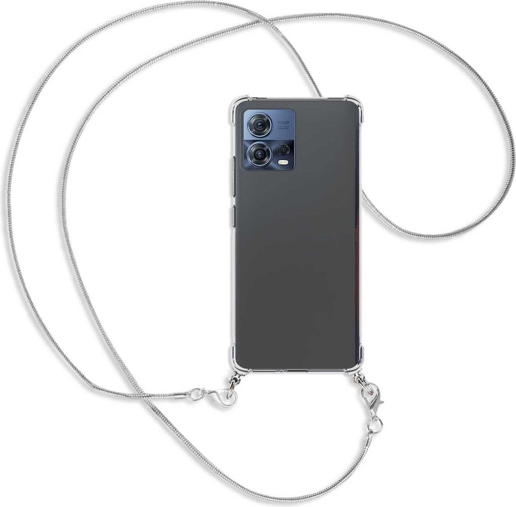 Handykette Backcover-Schutzhülle mit Band (Metall silberfarben) für Motorola Edge 30 Fusion, Moto S30 Pro - silberfarbene Snake-Kette