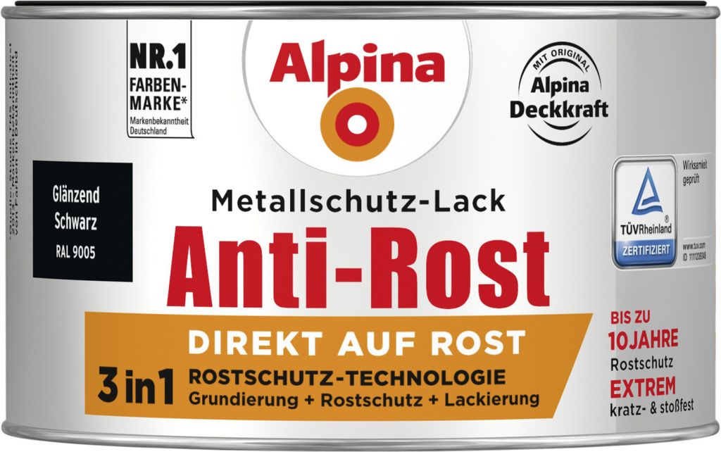 Alpina Metallschutz-Lack Anti-Rost 300 ml schwarz glänzend Produktbild 2