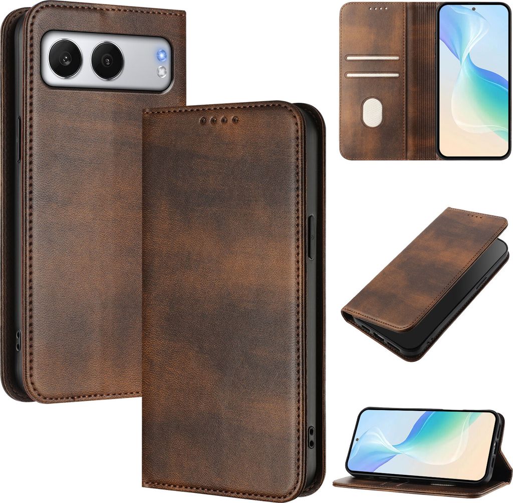 Handyhülle für OnePlus Nord 4, Vintage Leder RFID Schutz Kartenfach Standfunktion Magnetische Klapphülle Braun