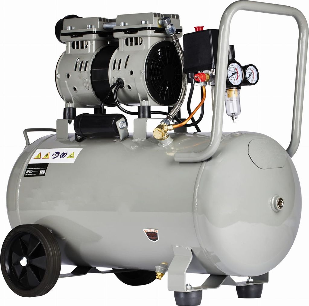 A gray air compressor with two motors on top, a tank, wheels, and a handle.