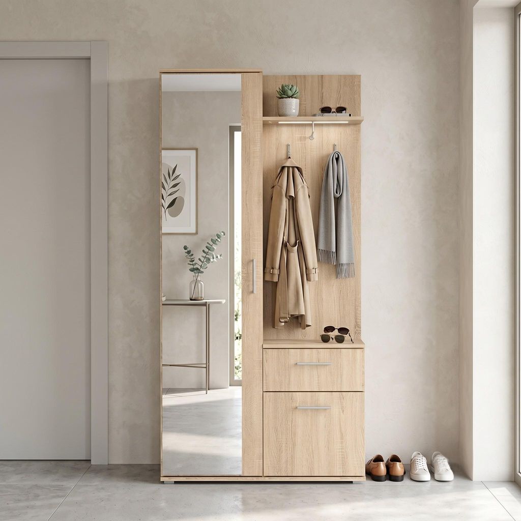 Garderobenschrank mit Spiegel - Sonoma Eiche - mit Schublade - LUX - Geräumiger Schuhschrank