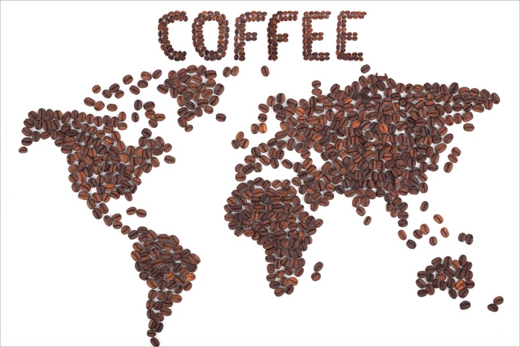 Wallario Premium Vliestapete Fototapete Weltkarte mit Schriftzug aus Kaffeebohnen in der Größe 400 x 267 cm, extra dick, wird in 5 Teilen geliefert