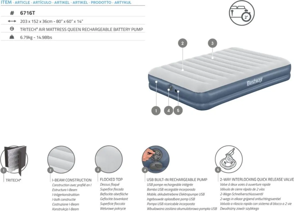 Matelas gonflable TriTech résistant avec pompe sans fil intégrée 203cm - 12