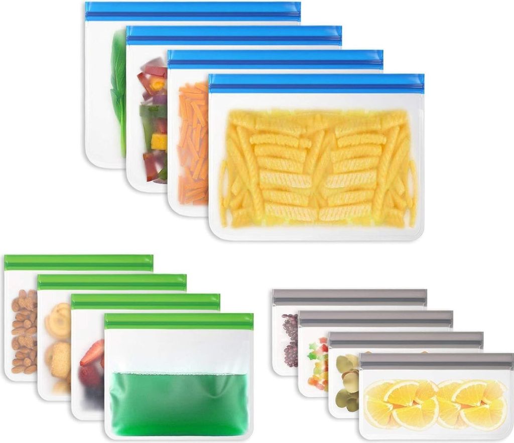 Lebensmittelbeutel, 12er-Pack Sandwichbeutel, wiederverwendbar ohne BPA, Lebensmittelqualität aus PEVA, Küchenbeutel mit drei Größen, Gefrierbe...