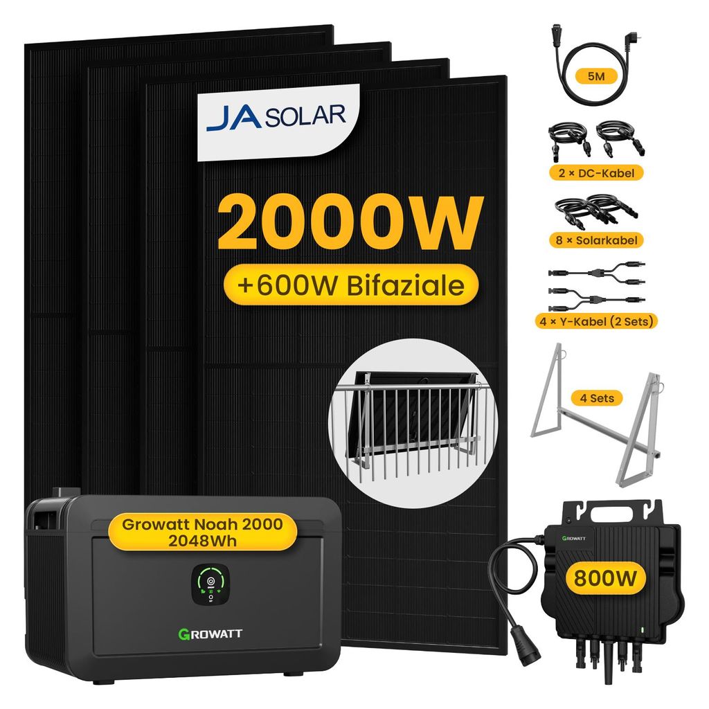 Powerness Balkonkraftwerk mit Speicher, 4x JA Solar 500W Module & Growatt 800W Mikro-Wechselrichter & Growatt NOAH 2000 & 4x Balkon/Garten-Halterung