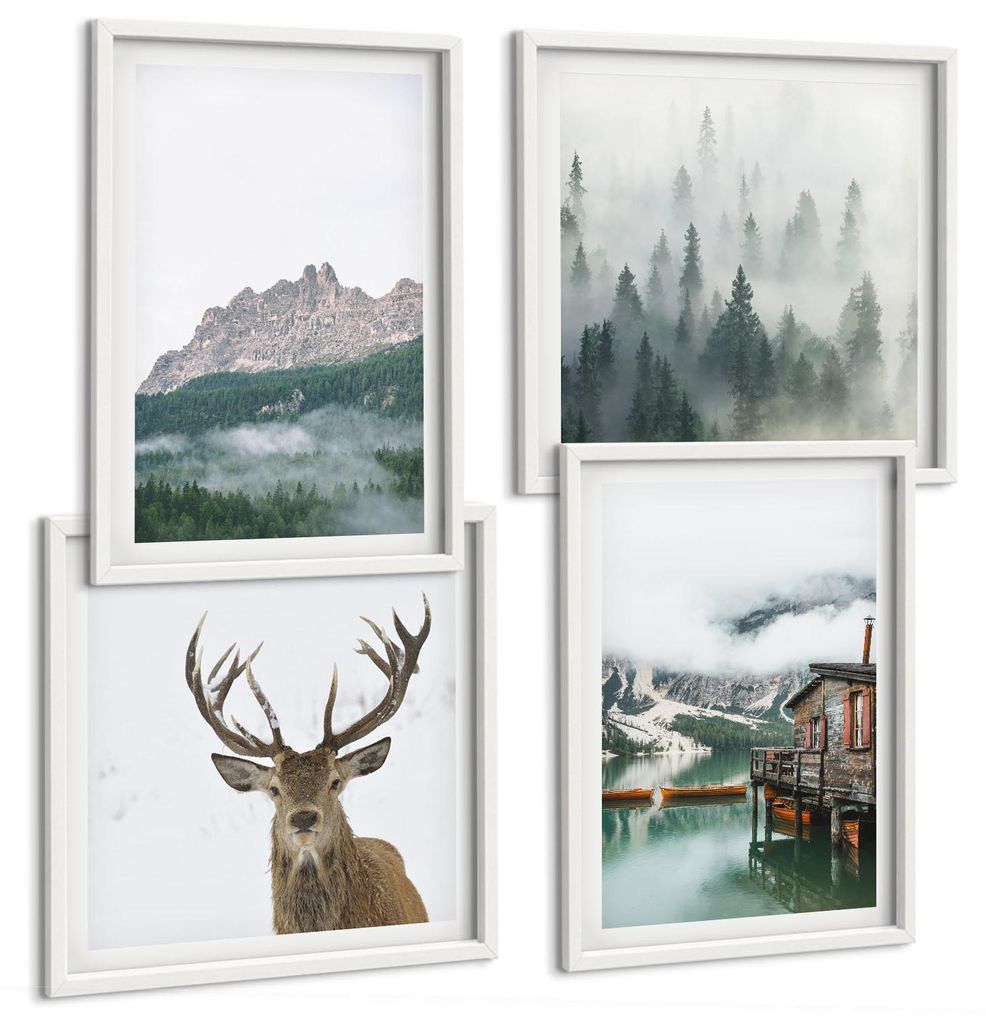 Bilder Set 4-teilig im weißen Rahmen – Wandbilder 4 Stück – gerahmte Poster für Wohnzimmer, Schlafzimmer und Flur – 50x50 cm - 40x60 cm ...