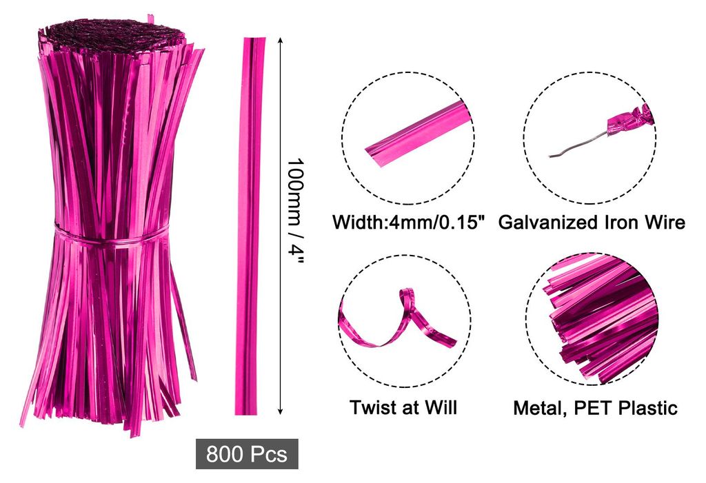 800 Stš¹ck 4" Twistbinder Metallik Twist Ties Verdrehte Kabelbinder Wiederverwendbar Verdrehte Kabelbinder fš¹r B?ckerei Rosa Rot