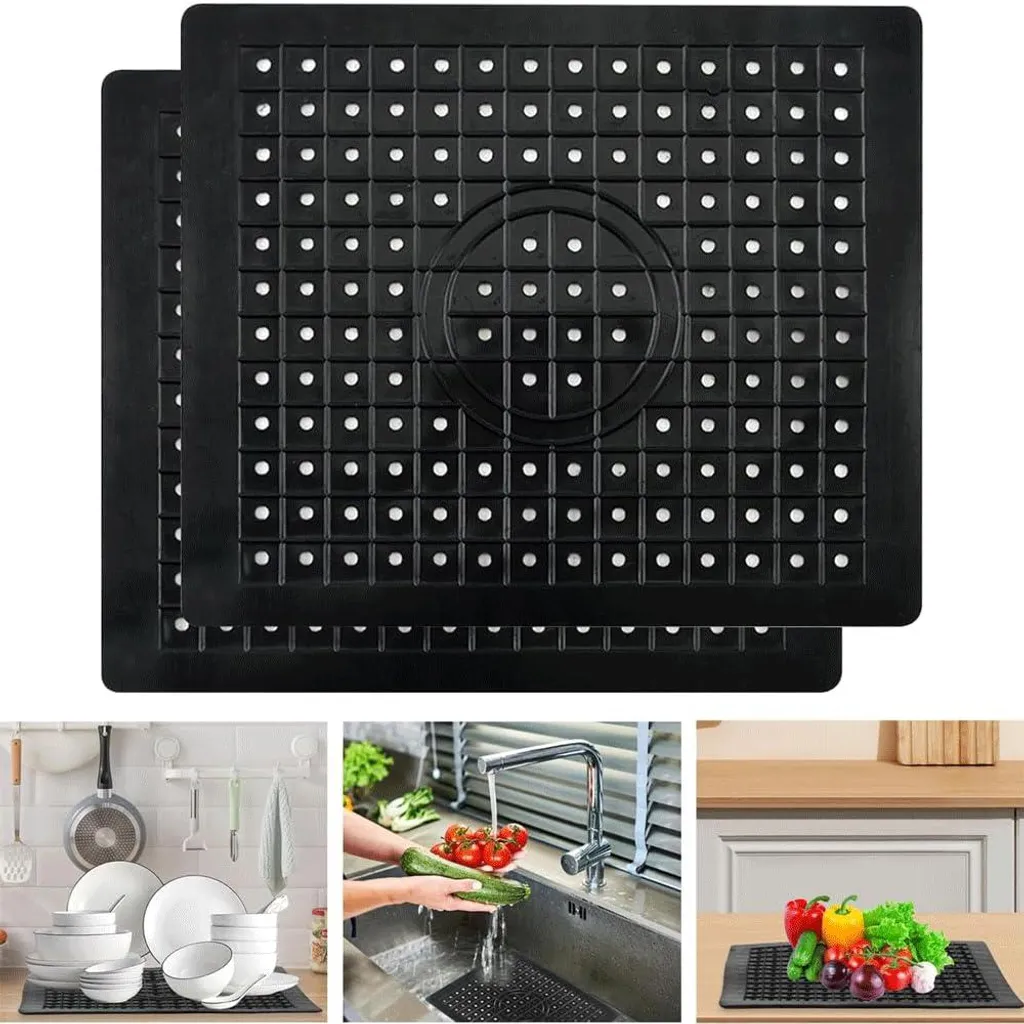 Tapis d'Évier Anti-Rayures et Anti-Bruit en Caoutchouc Noir Lot x2