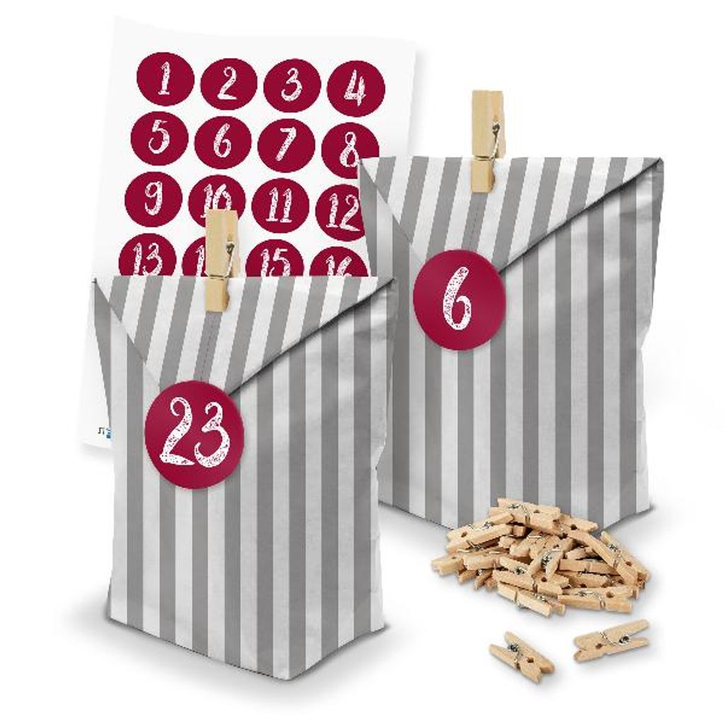 itenga SET Adventskalender 24 x Tüten Streifen + Klammern + Zahlensticker (Z49)