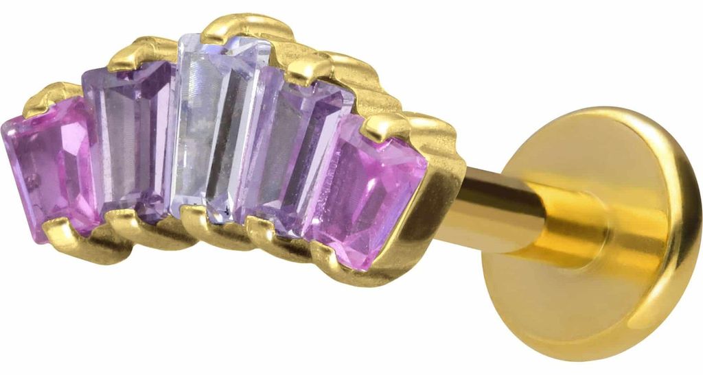 Ohrpiercing, Nasenpiercing Titan Labret mit Innengewinde 5 EINGEFASSTE KRISTALLRECHTECKE Gold Stablänge: 6mm | Stabstärke: 1,2mm