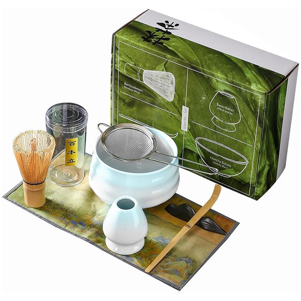 Matcha Teeschale Set,Japanisches Teezubehör mit Bambusbesen, Löffel, Chasenhalter und Sieb,Geschenkbox,Blauverlauf