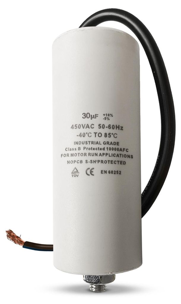 Kondensator CBB60 30,00µF 450V Universal mit Anschlusskabel Produktbild  KI-generiertes Bild
