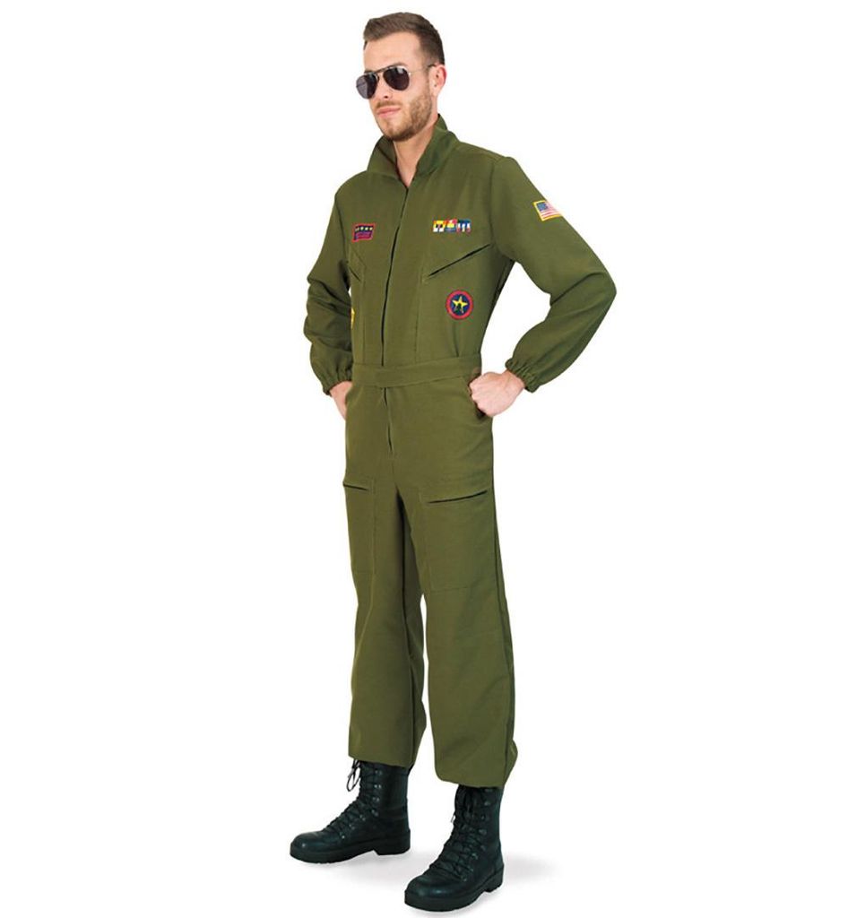 Kampfpilot Olivgrün Overall für Herren mit Brille (XL)