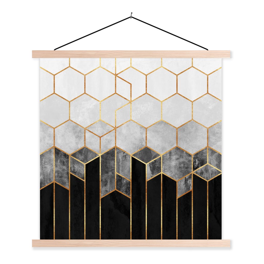MuchoWow Textilposter Gold - Sechseck - Chic - Muster - Luxus 60x60 cm mit holzfarbenen Rahmen - Wanddekoration