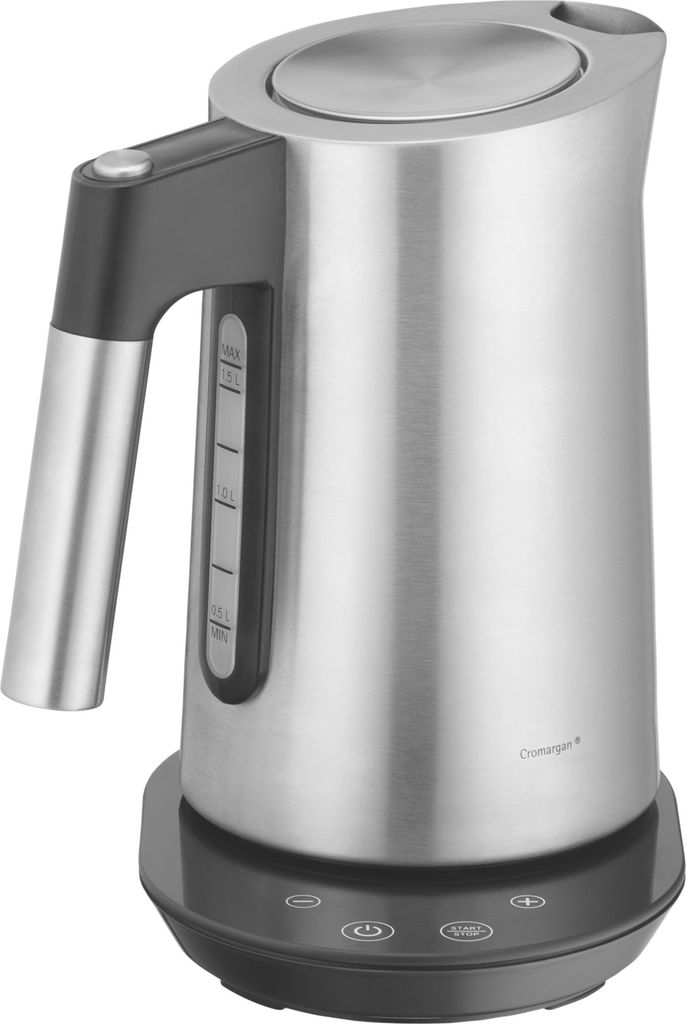 A stainless steel electric kettle with a black handle and base, shown on a white background.