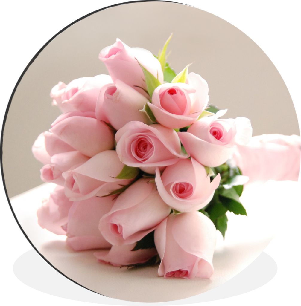 MuchoWow Aluminium Wandkreis Ein Blumenstrauß aus rosa Rosen auf einem weißen Tisch Ø 90 cm Wanddeko Modern Wohnzimmer - Mauerkreis - Wandbild...