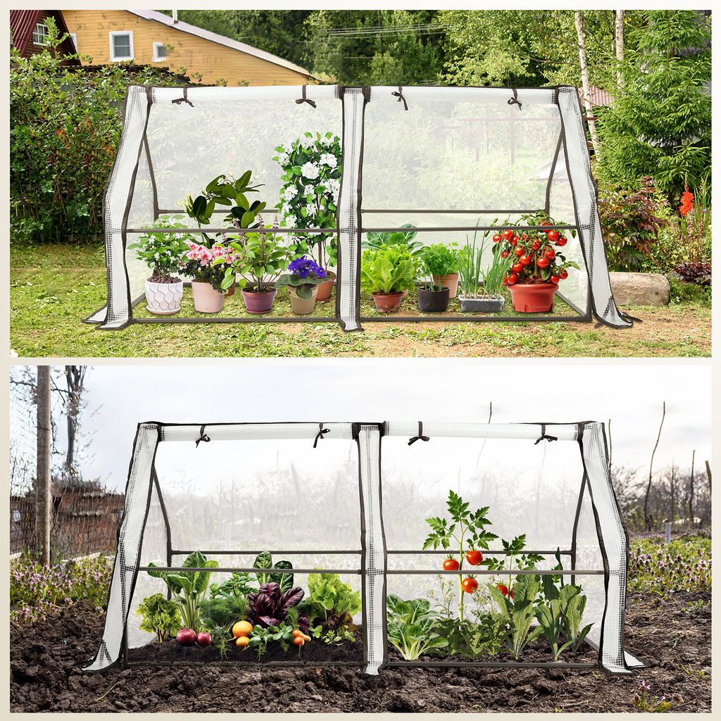 Two mini greenhouses are shown, one with potted plants and flowers, and the other with vegetables planted directly in the soil.