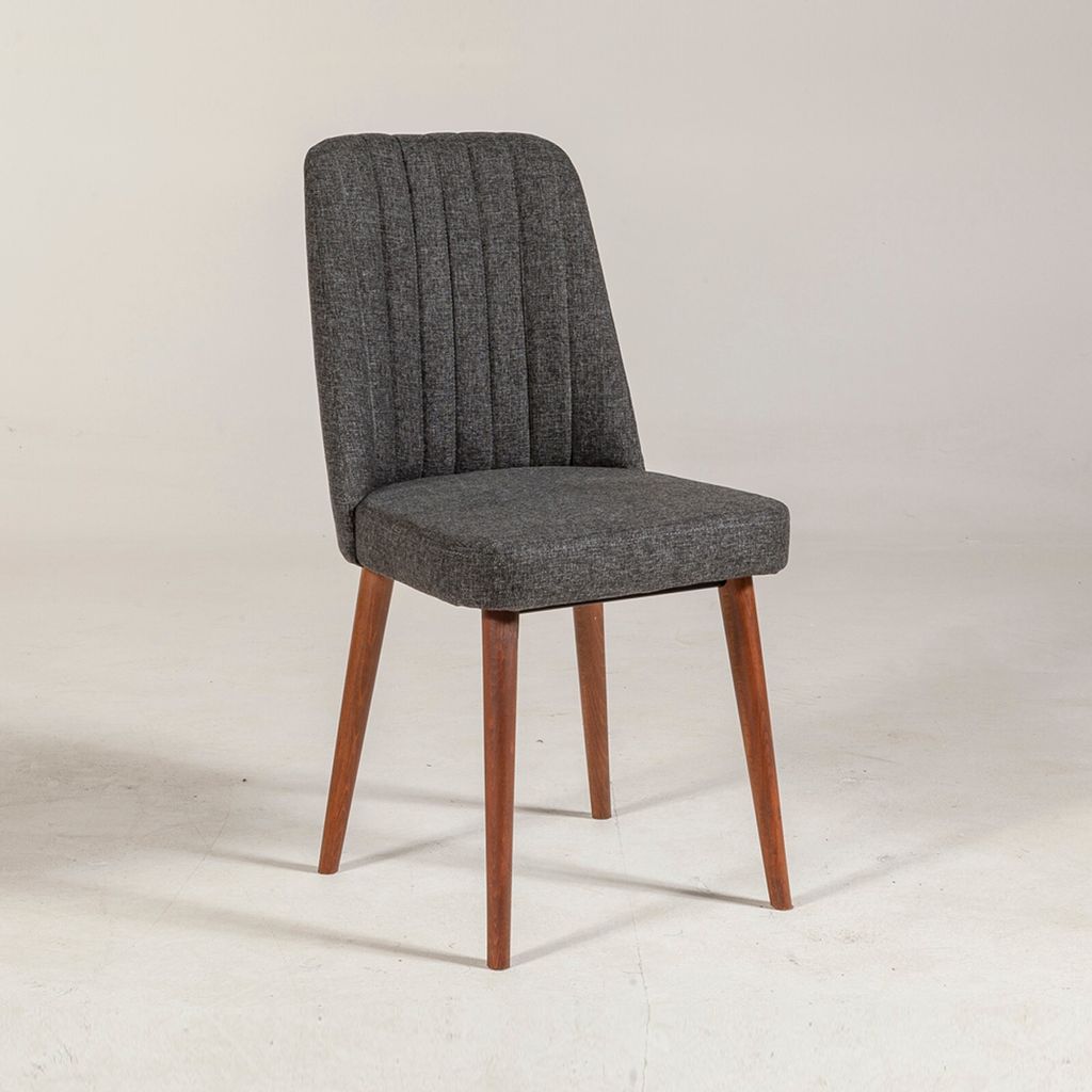 A single gray upholstered chair with wooden legs is shown against a white background.