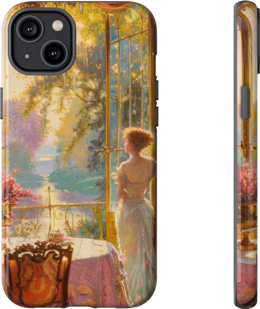 Elegante Frau im sonnendurchfluteten Raum mit floraler Dekoration – Hülle Kompatibel mit iPhone 14 Plus