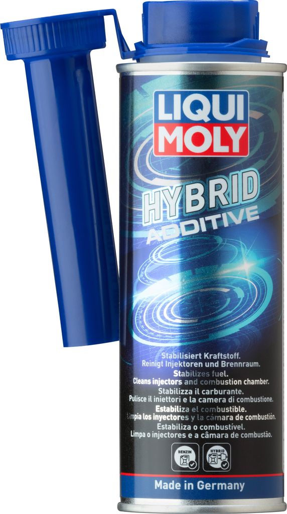 A can of Liqui Moly Hybrid Additive with its blue applicator tube attached.