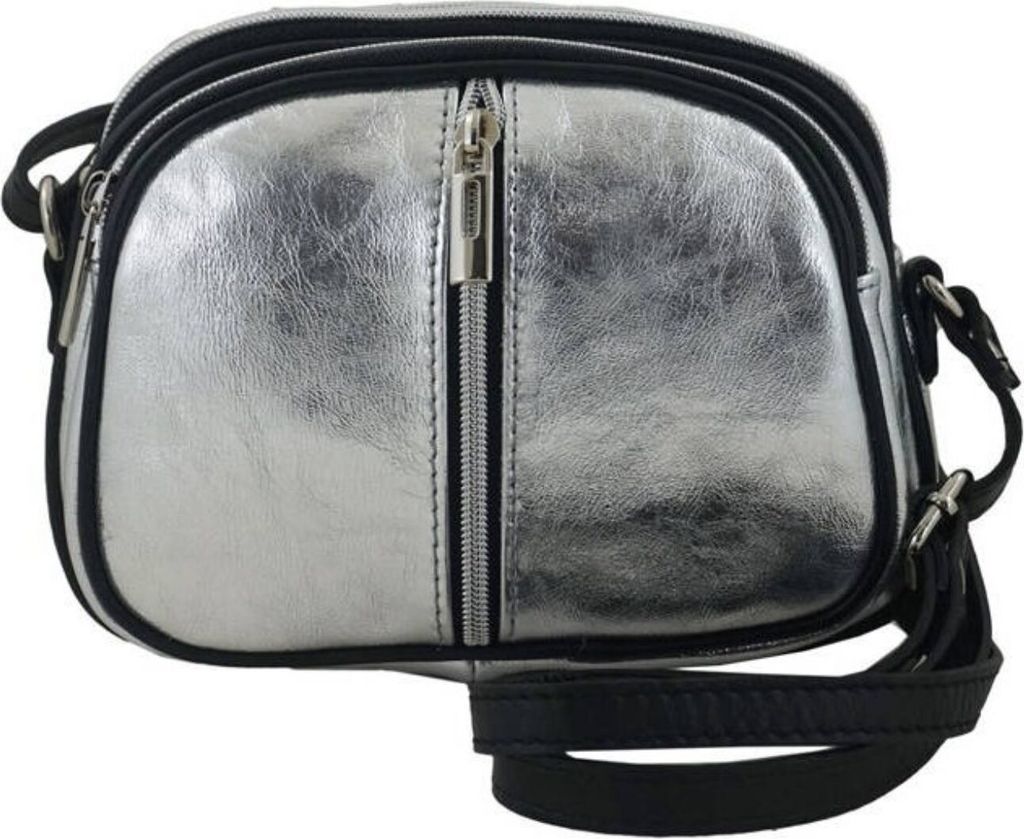 Silberne Messenger-Tasche 0311666325 aus metallisiertem Narbenleder, 3 Reißverschlussfächer
