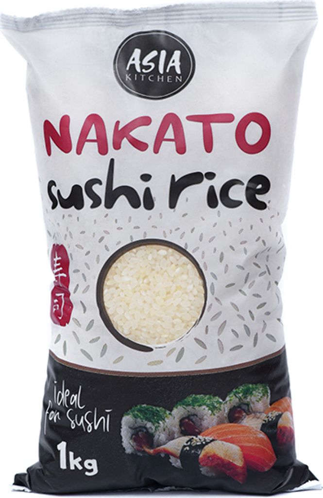 A bag of Nakato sushi rice with images of sushi rolls at the bottom.