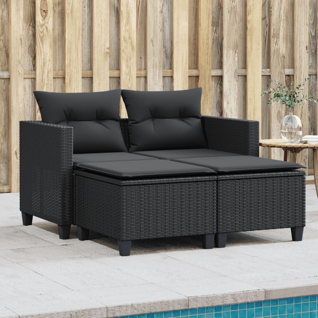 ZMH Gartensofa 2-Sitzer mit Hockern Schwarz Poly Rattan
