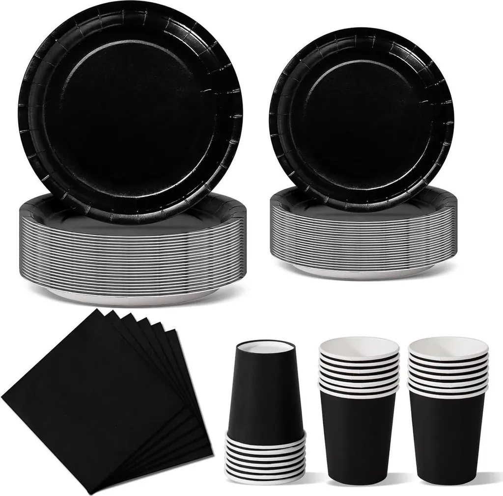 Set Piatti e Bicchieri Neri Nkaiso: 96 Pezzi per Feste senza Pensieri