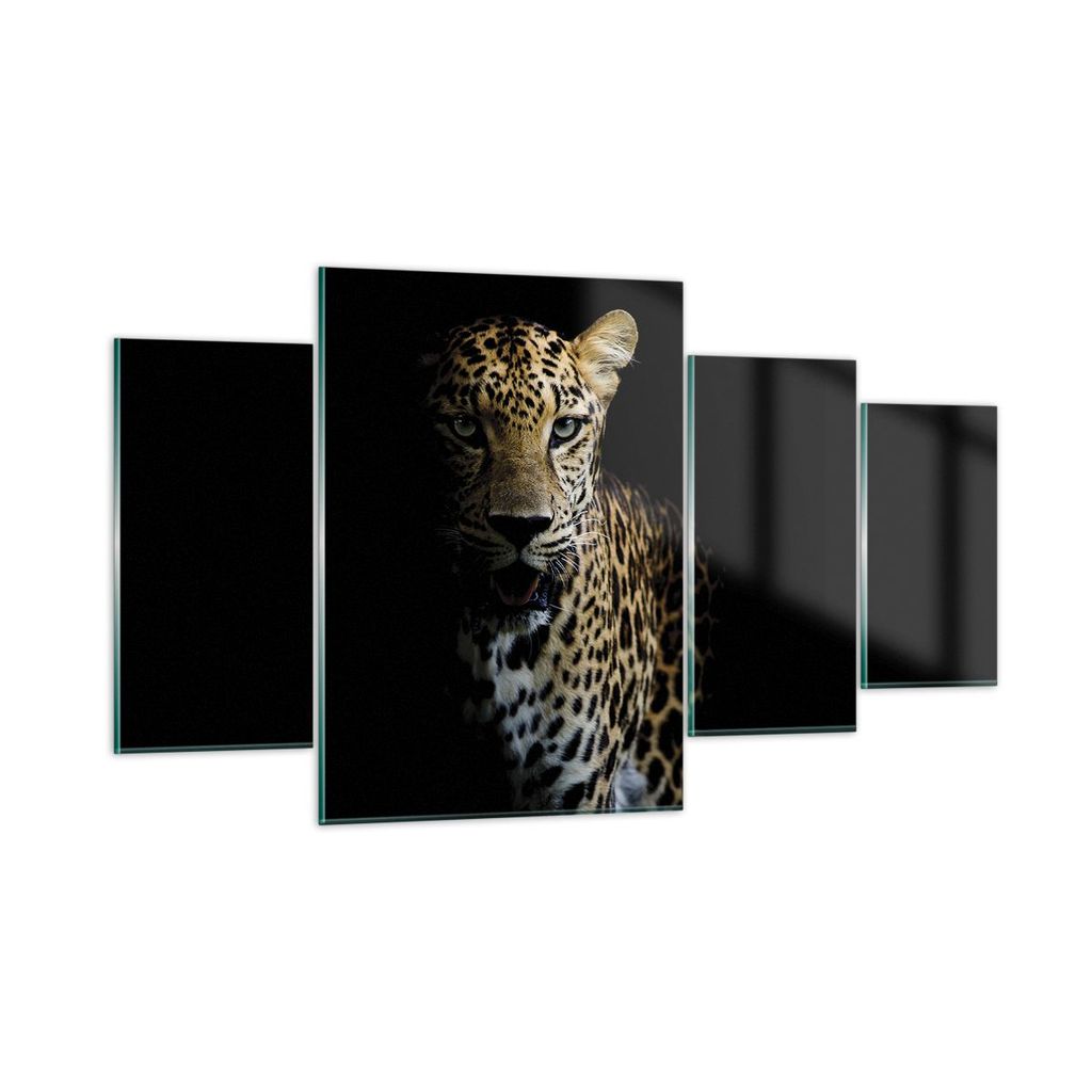 Bilder auf glas - 4 Teile - Schattig Leopard Panther - 160x90cm - Glasbilder - Wandbilder - Bilder - zum Aufhängen bereit - Wanddekoration aus Gla...