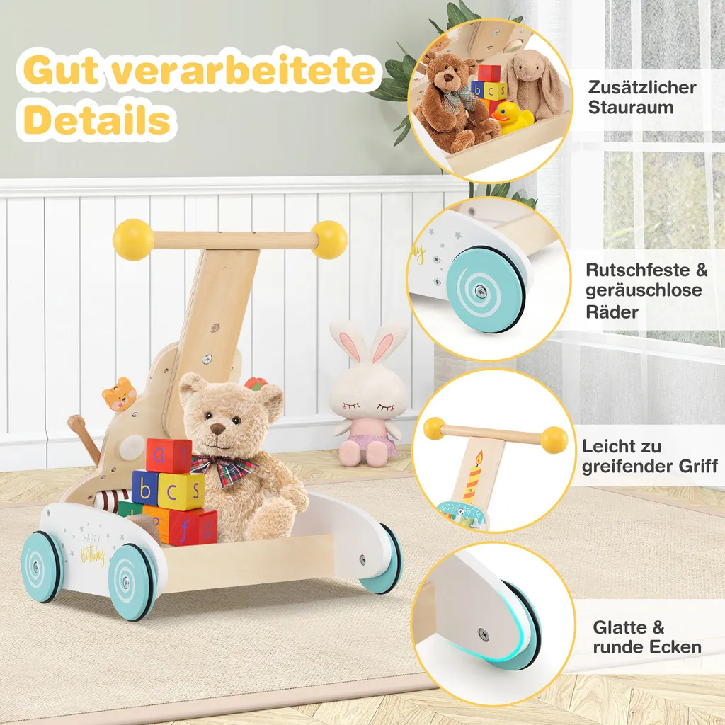 Chariot de Marche Bébé Multi-Activités en Bois et Jouets d'Éveil