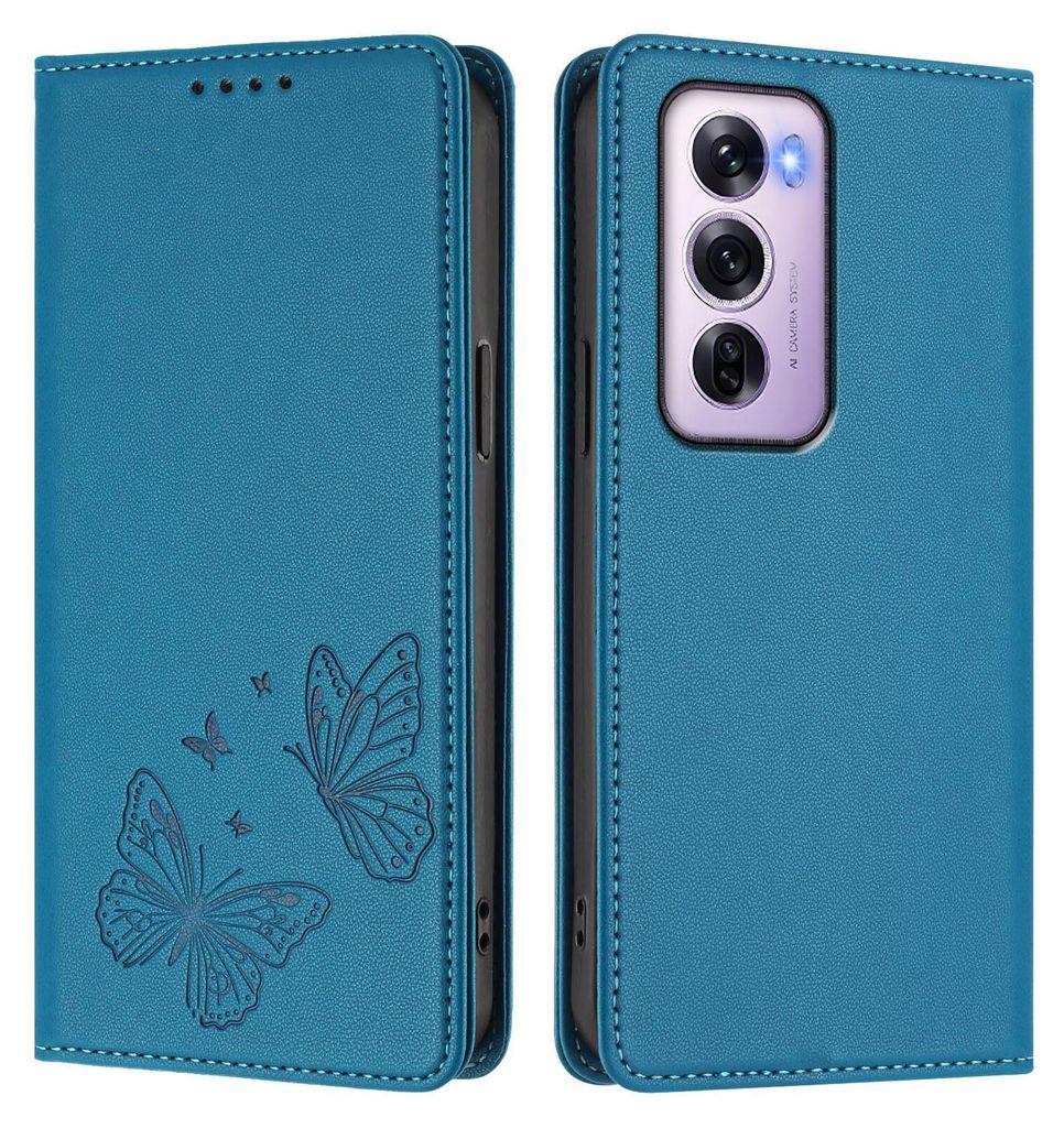 Lederhülle für Oppo Reno12 Pro 5G, Schmetterling Prägung Leder Brieftasche Schutzhülle mit Ständer Blau