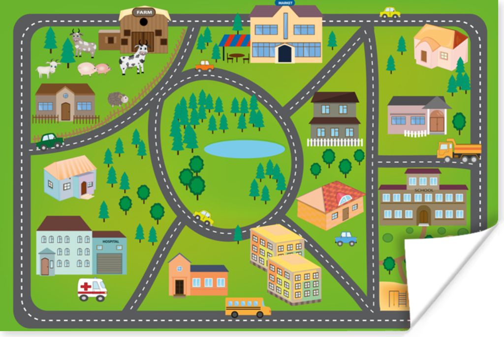 MuchoWow Poster Kreisverkehr - Gebäude - Auto - Kinder - Grün 30x20 cm - Plakate - Print