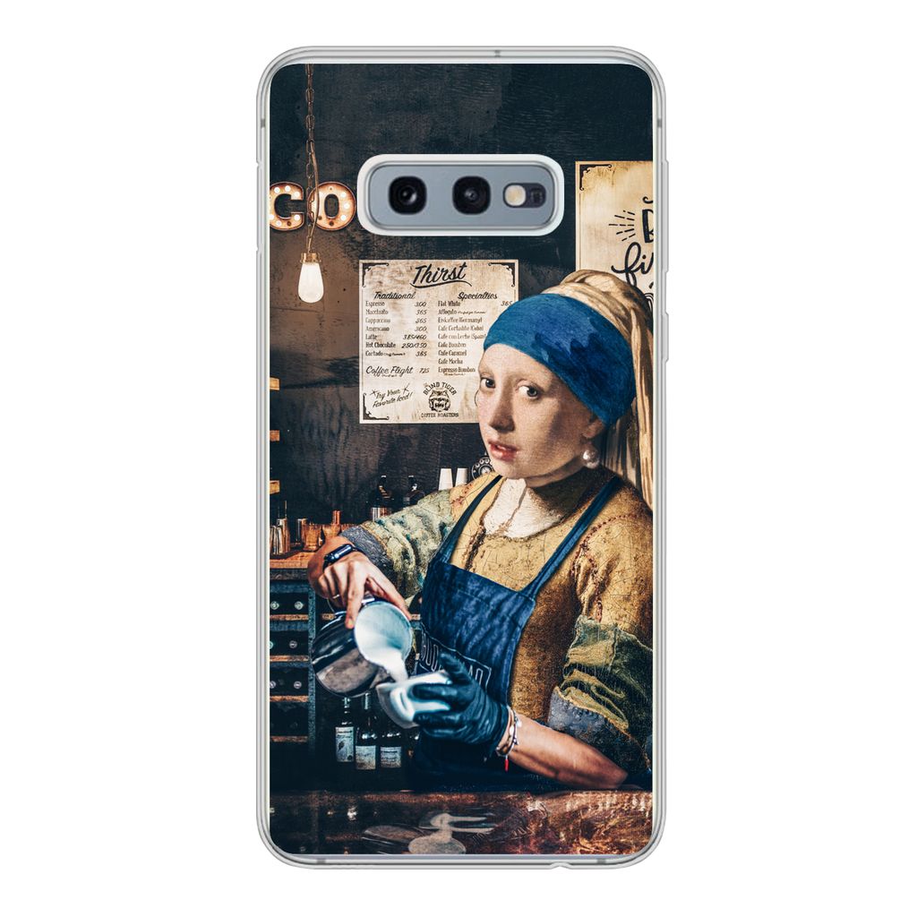 MuchoWow Handyhülle Schutzhülle Hülle für Samsung Galaxy S10e Mädchen mit Perlenohrring - Cappuccino - Barista - Vermeer - Kaffee - Gemälde...