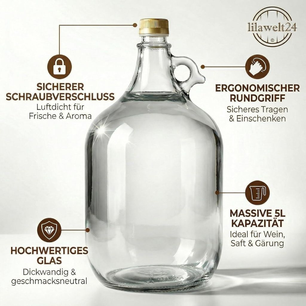 lilawelt24 6 x 5L Glasballon (Gallone) mit Rundgriff &