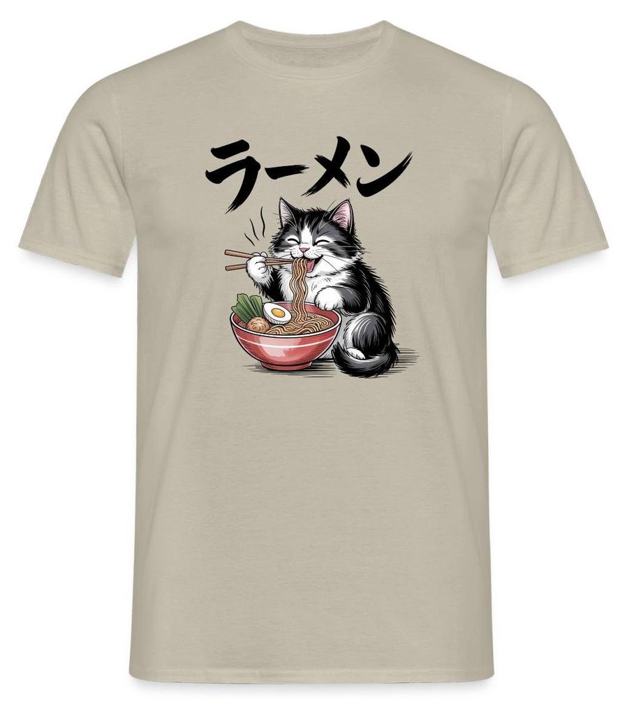 Spreadshirt Ramen Katze | Flauschige Katze Mit Nudelsuppe Männer T-Shirt, M, Sandbeige
