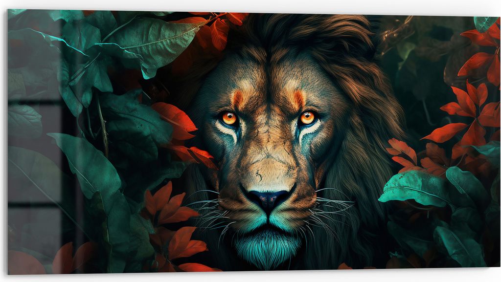 DEQORI Küchenrückwand Glas 80x40 cm 'Herbstliches Löwenporträt' Spritzschutz Bad Rückwand Küche