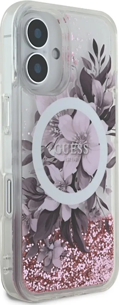 Custodia Guess Liquid Glitter Flower per iPhone 16 Rosa MagSafe - 4