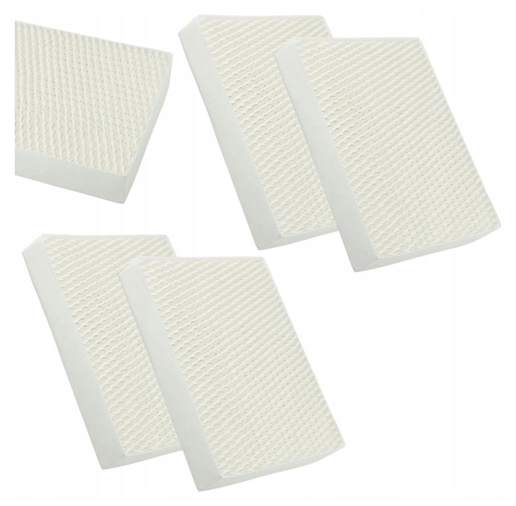 Several white rectangular filters with a textured surface are arranged on a white background.