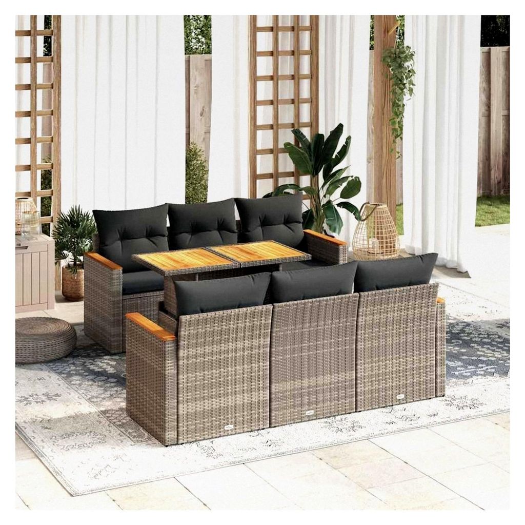 7-teiliges Gartensofa-Set mit Kissen, grau, Polyrattan und Akazie für den Außenbereich