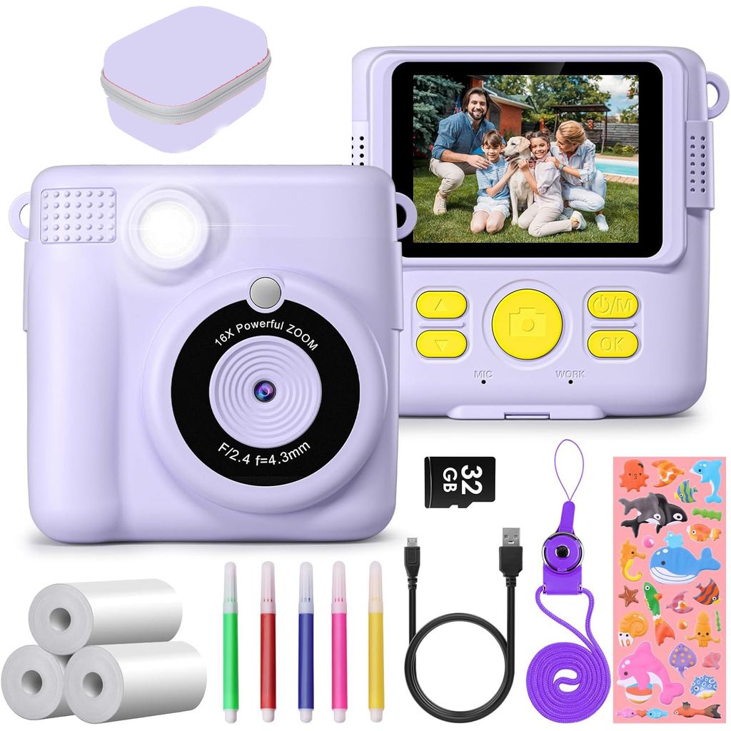 Kinderkamera, Sofortbildkameras, Sofortbildkamera, 1080P HD Sofortdruck von Fotos, 2.4 Zoll Bildschirm Digitalkamera mit 16x Digitalzoom, 32GB Karte