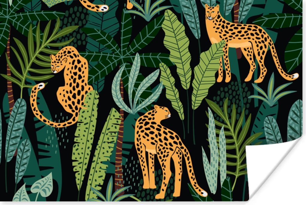 MuchoWow Poster Dschungel - Panther - Muster - Jungen - Mädchen - Pflanzen 60x40 cm - Schlafzimmerdekoration
