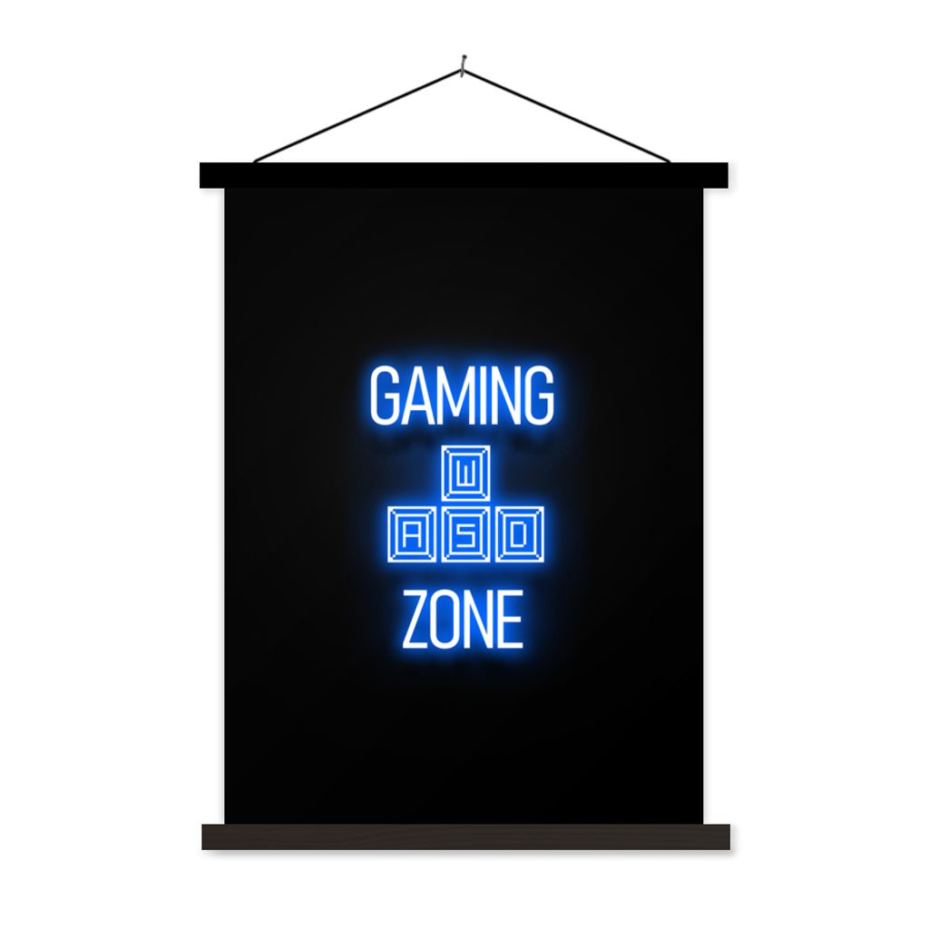 MuchoWow Textilposter Spiele - Text - Spielzone - Neon - Blau 90x120 cm mit schwarzem Rahmen - Dekoration