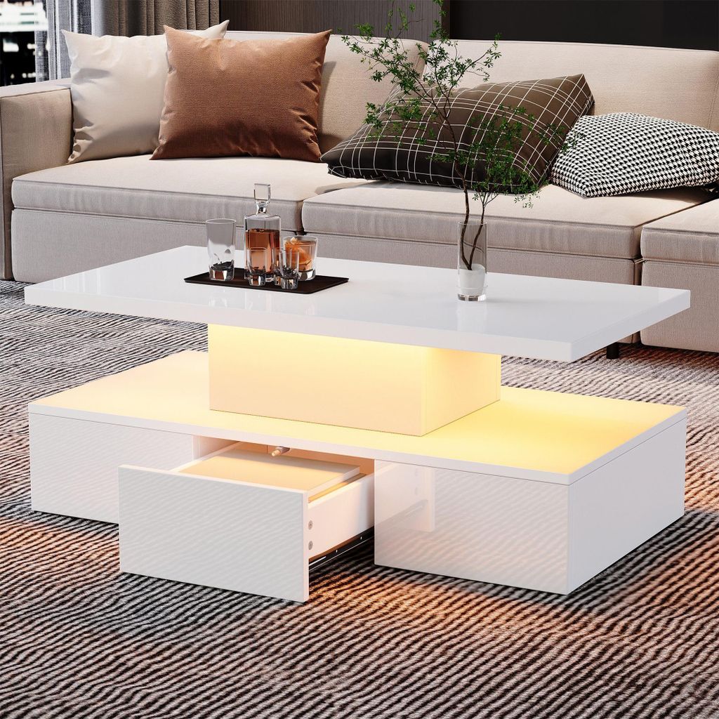 KLAM HOME Couchtisch Moderner Couchtisch mit LED-Beleuchtung Zweistufiger Wohnzimmertisch mit Schublade Hochglanz Sofatisch in Weiß mit App-Steuerung