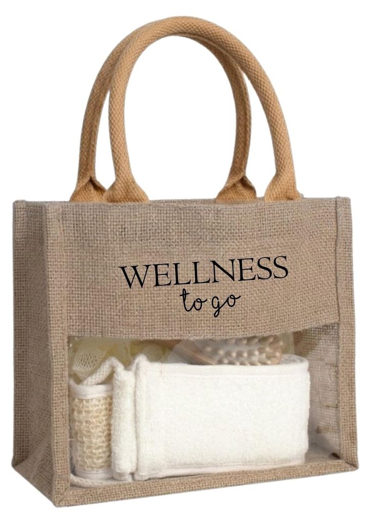 Wellnesstasche to Go inkl Zubehör, Geschenk Wellnes Frauen, Jutetasche Wellnessgeschenk, Massageroller Wellnesszubehör