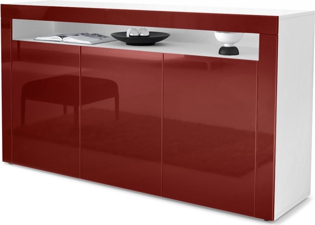 Vladon Sideboard Valencia, Germany, Kommode mit 3 Türen und 1 offenem Fach, Weiß matt/Bordeaux Hochglanz/Bordeaux Hochglanz (155 x 92 x 40 cm)