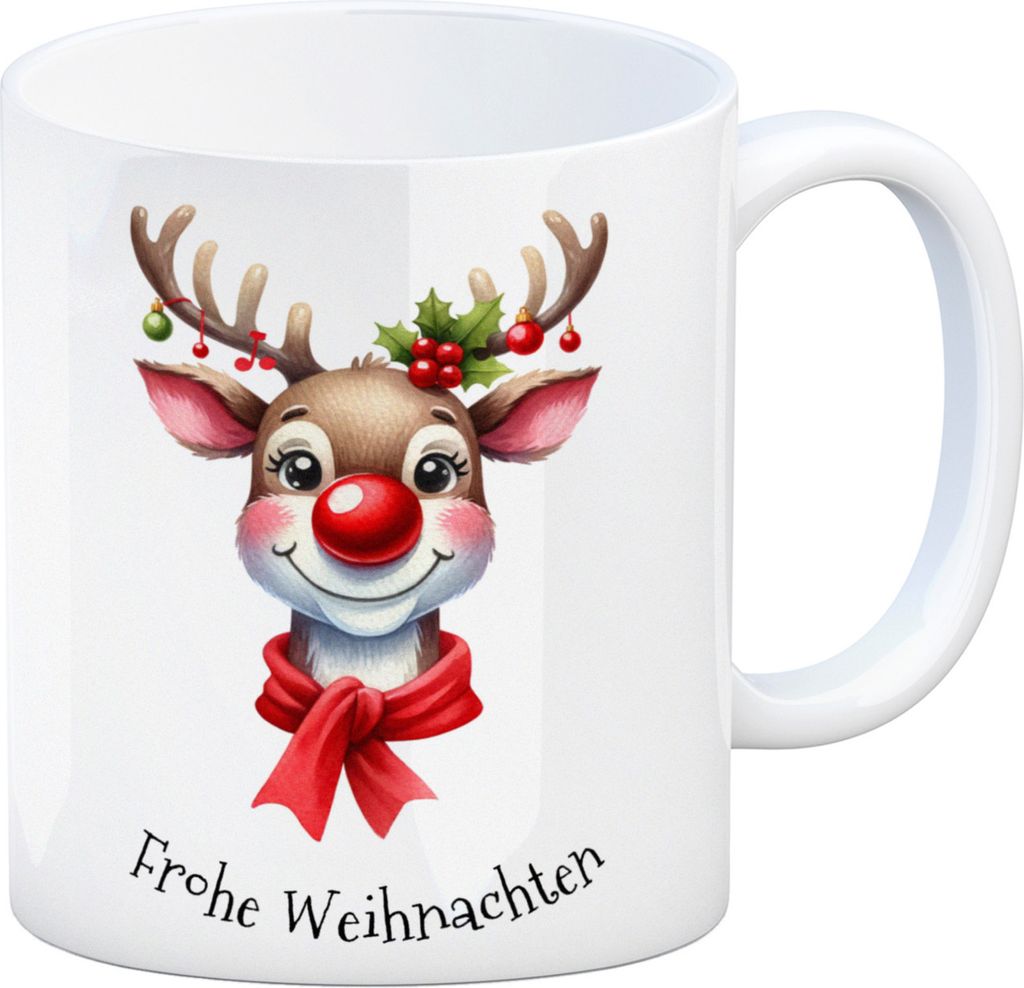 Rentier Kaffeebecher und Spruch Frohe Weihnachten