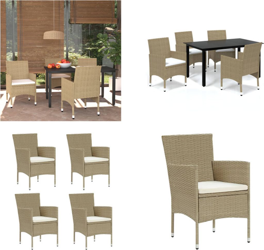 vidaXL 5 tlg. Garten Essgruppe mit Kissen Poly Rattan Beige - Essgruppe - Essgruppen - Garten-Essgruppe - Garten-Essgruppen