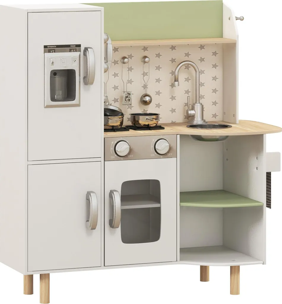 Jouet d'imitation cuisine en bois blanche avec évier inox et rangements